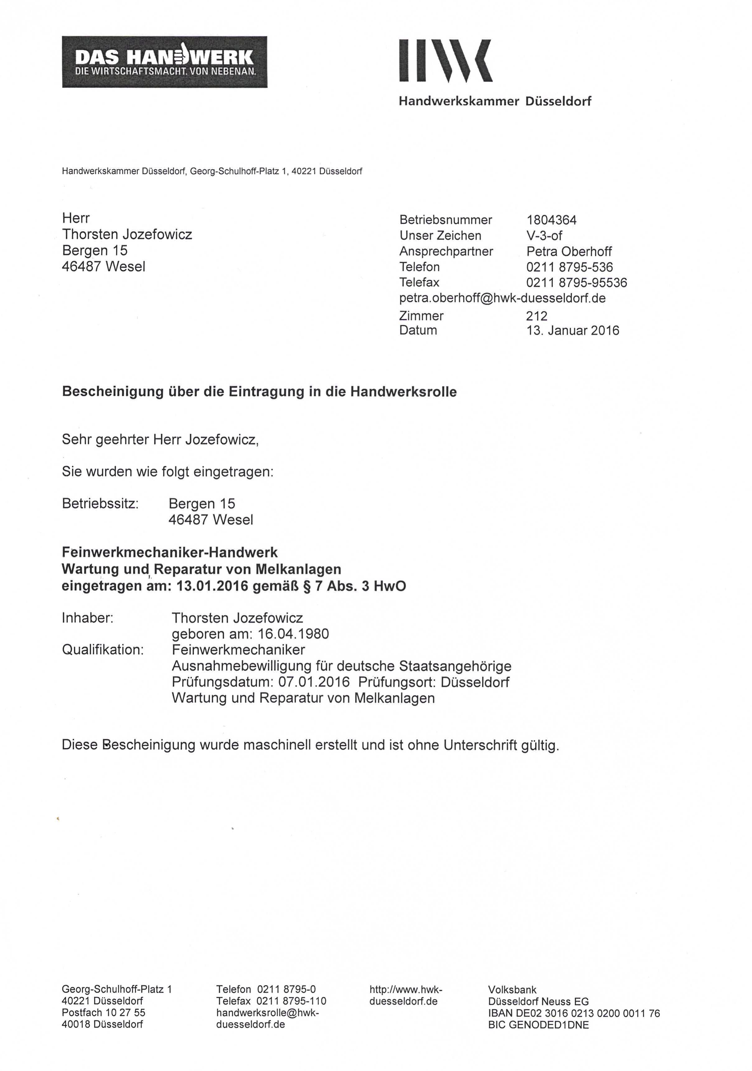 Eintragung Handwerksrolle Feinwerkmechanik