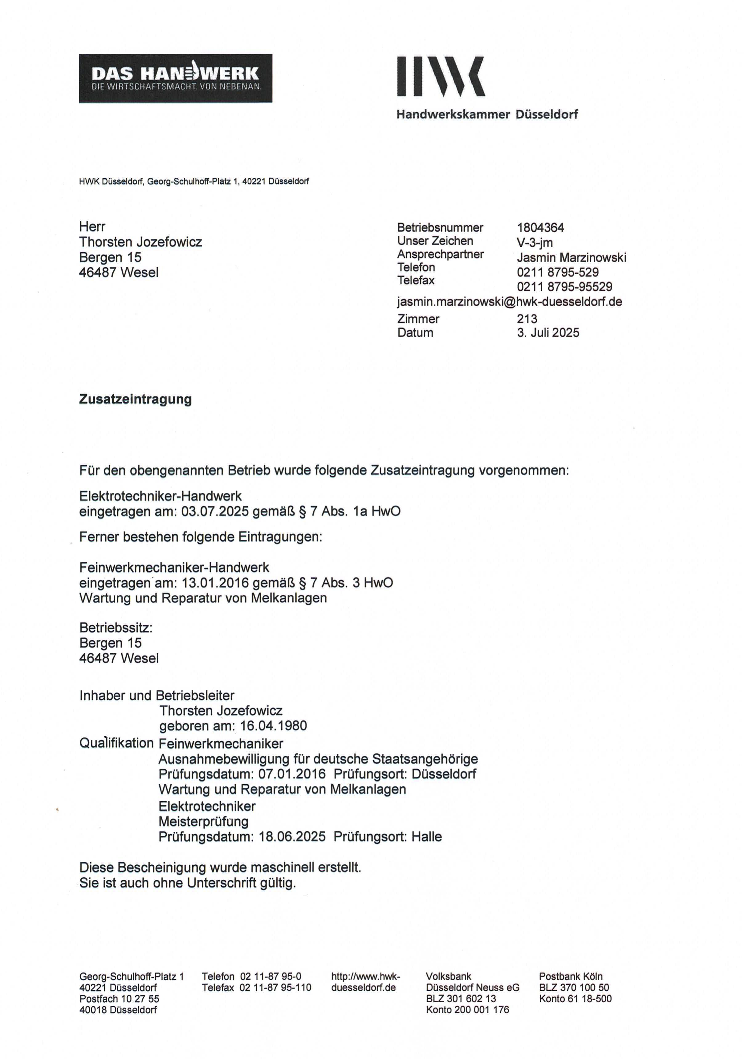 Zusatzeintragung Handwerksrolle