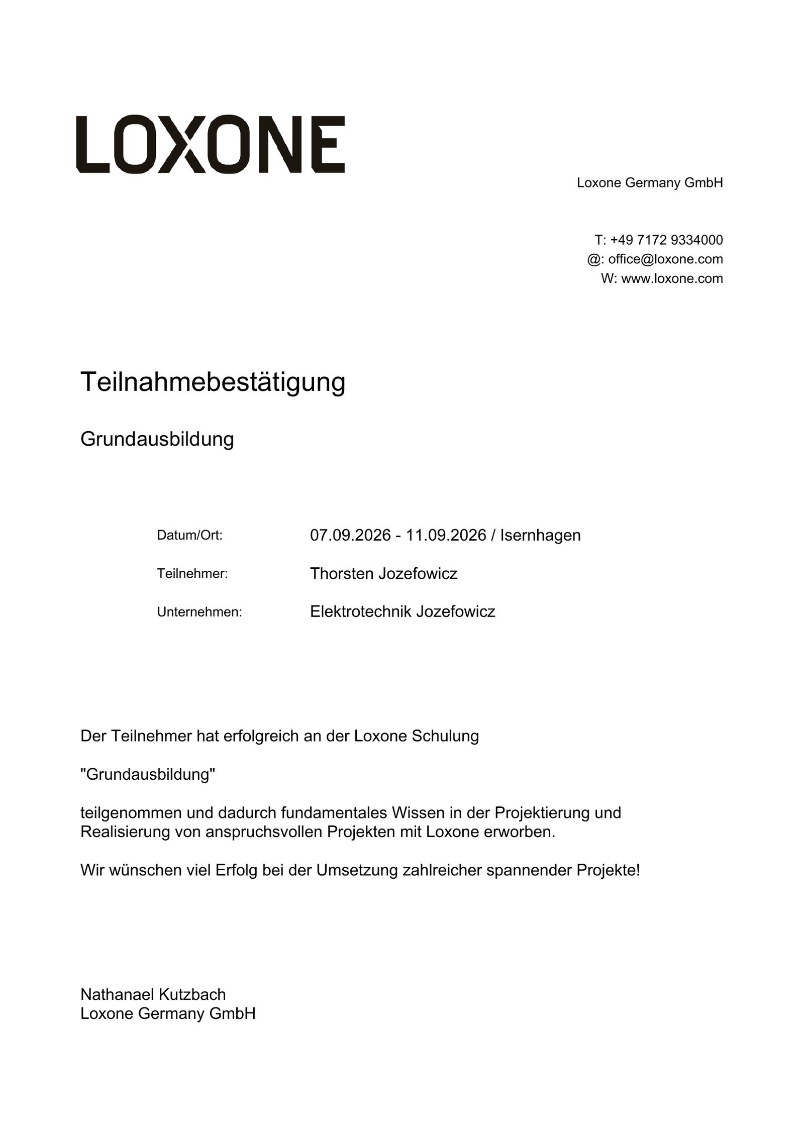 Teilnahmebestätigung Loxone Grundausbildung
