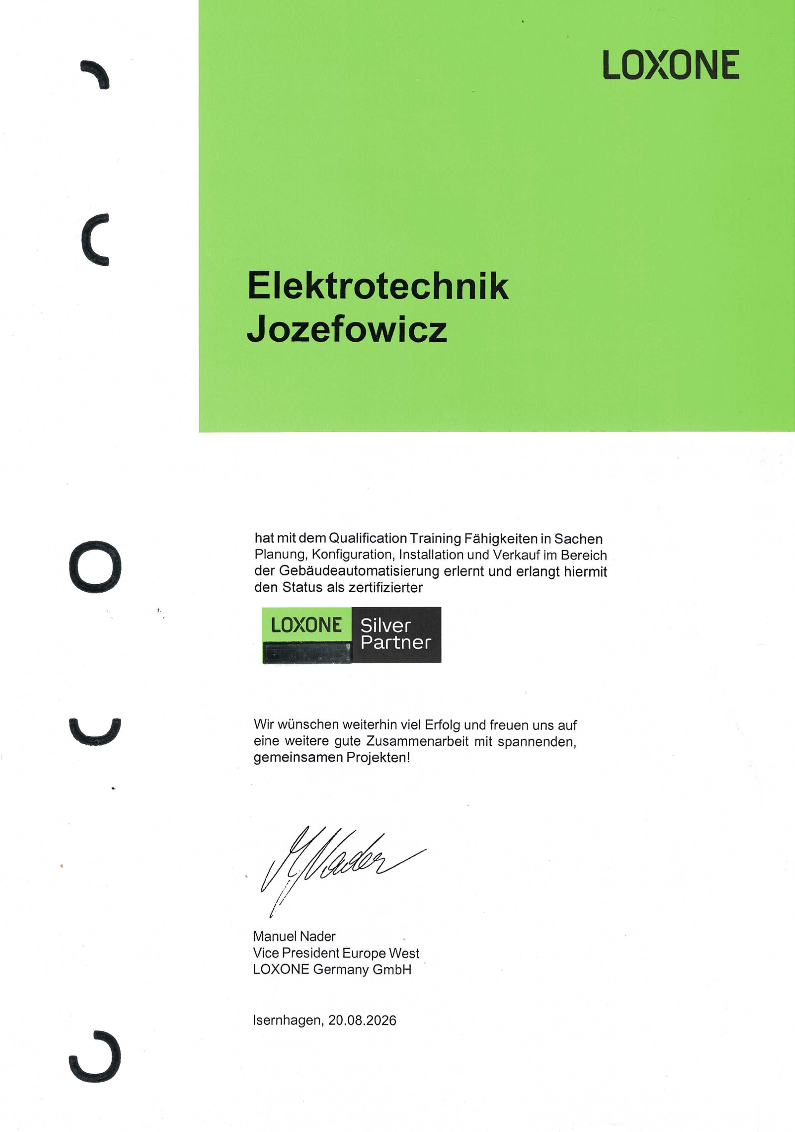 Zertifikat Loxone Silver Partner