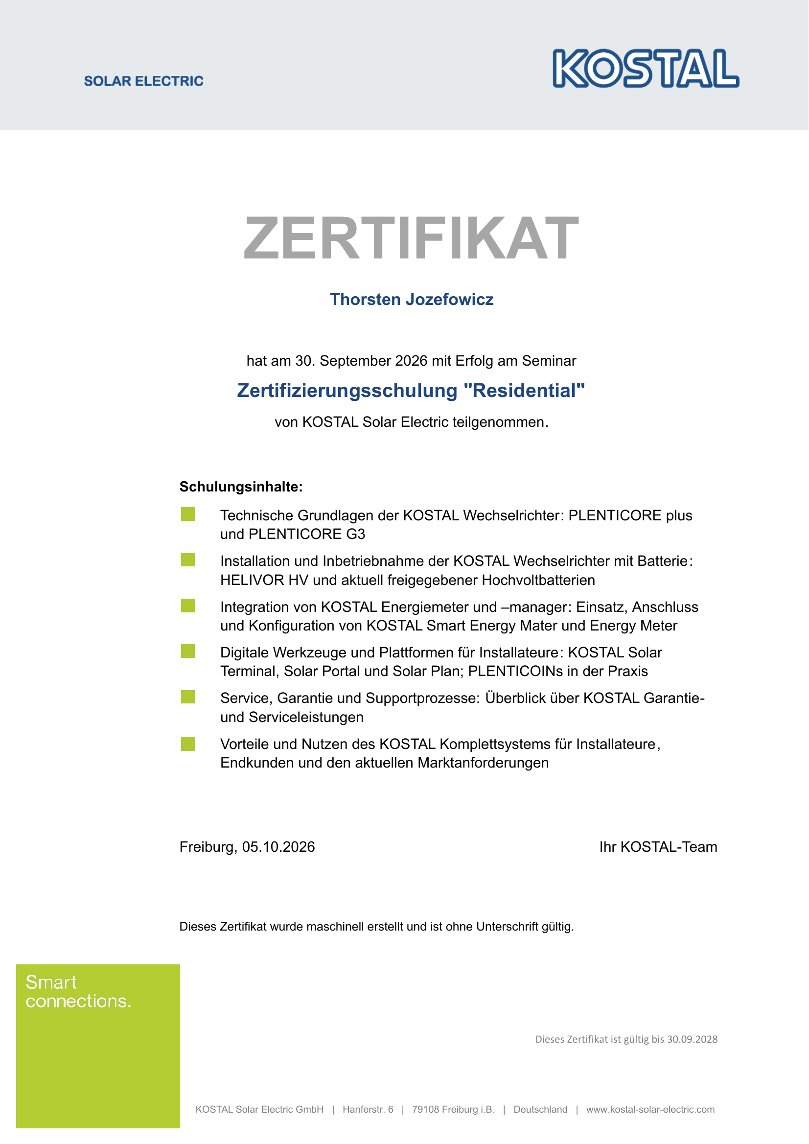 Zertifikat KOSTAL Zertifizierungsschulung Residential