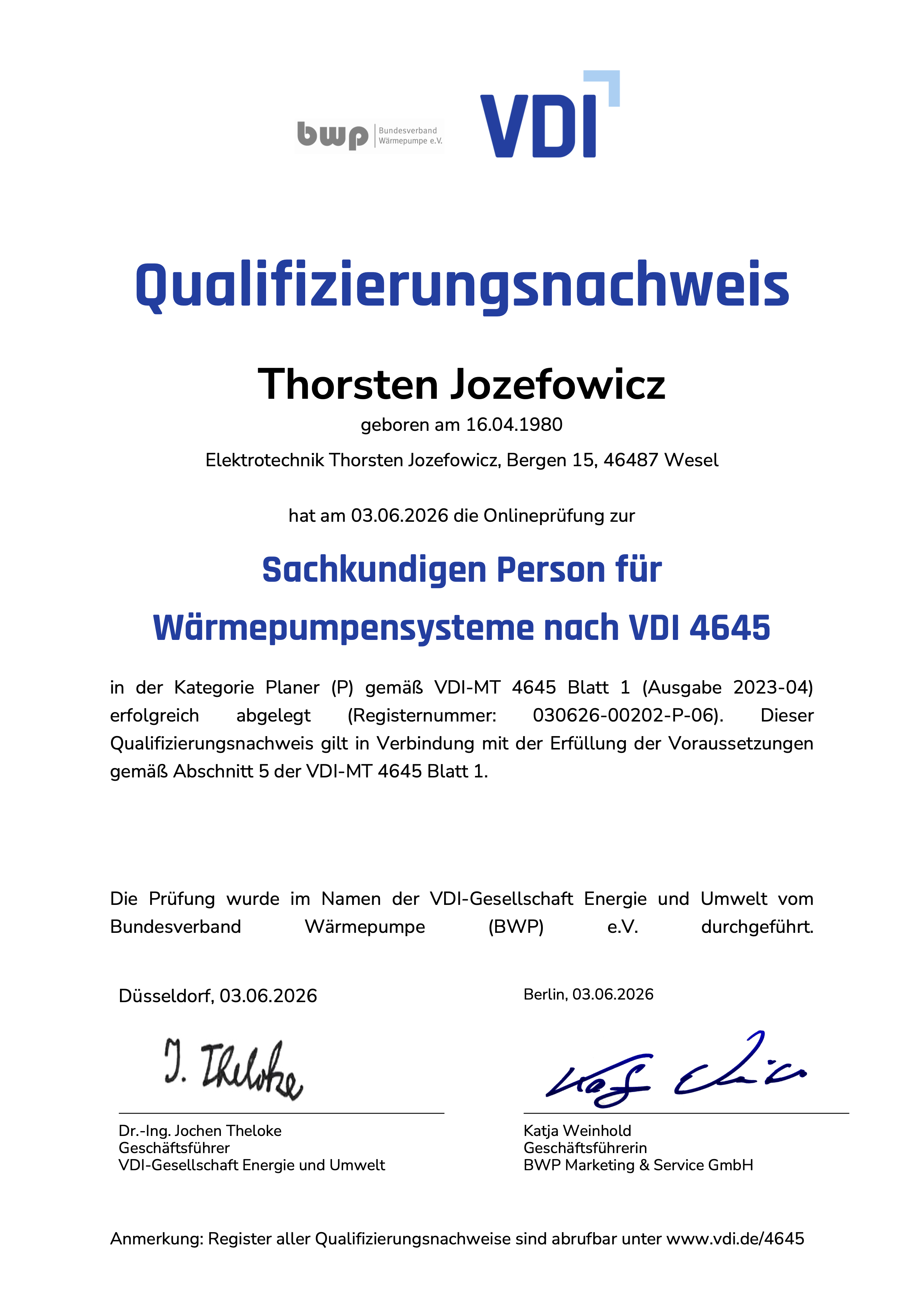 Zertifikat VDI 4645